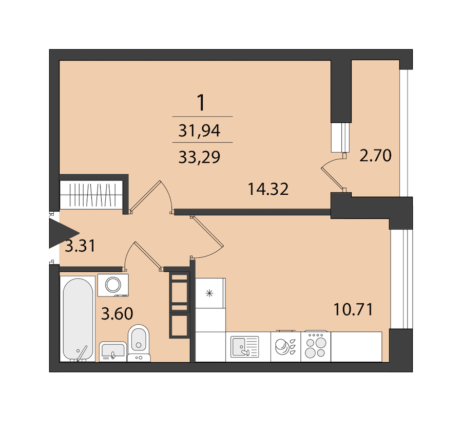 1-комнатная квартира 33.29 м², 13/16 эт., ЖК «Cube»
