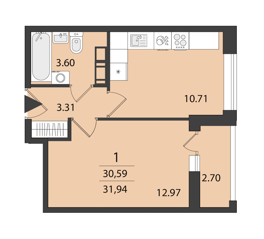 1-комнатная квартира 31.94 м², 15/16 эт., ЖК «Cube»