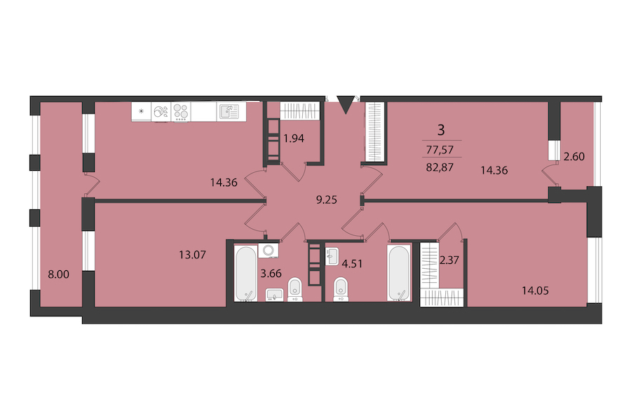 3-комнатная квартира 82.87 м², 14/16 эт., ЖК «Cube»