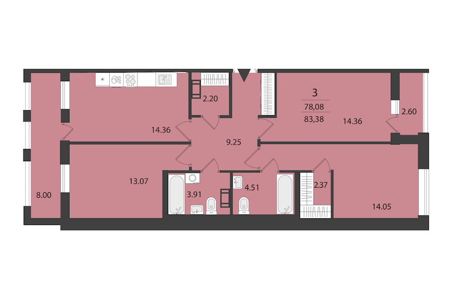 3-комнатная квартира 83.38 м², 9/16 эт., ЖК «Cube»