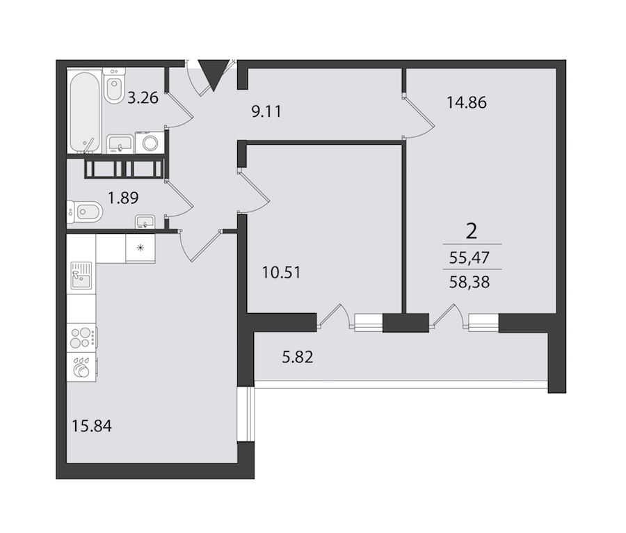 2-комнатная квартира 58.38 м², 8/16 эт., ЖК «Cube»