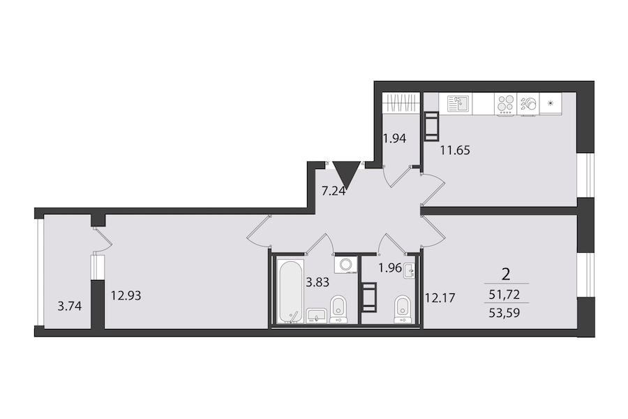 2-комнатная квартира 53.59 м², 12/16 эт., ЖК «Cube»
