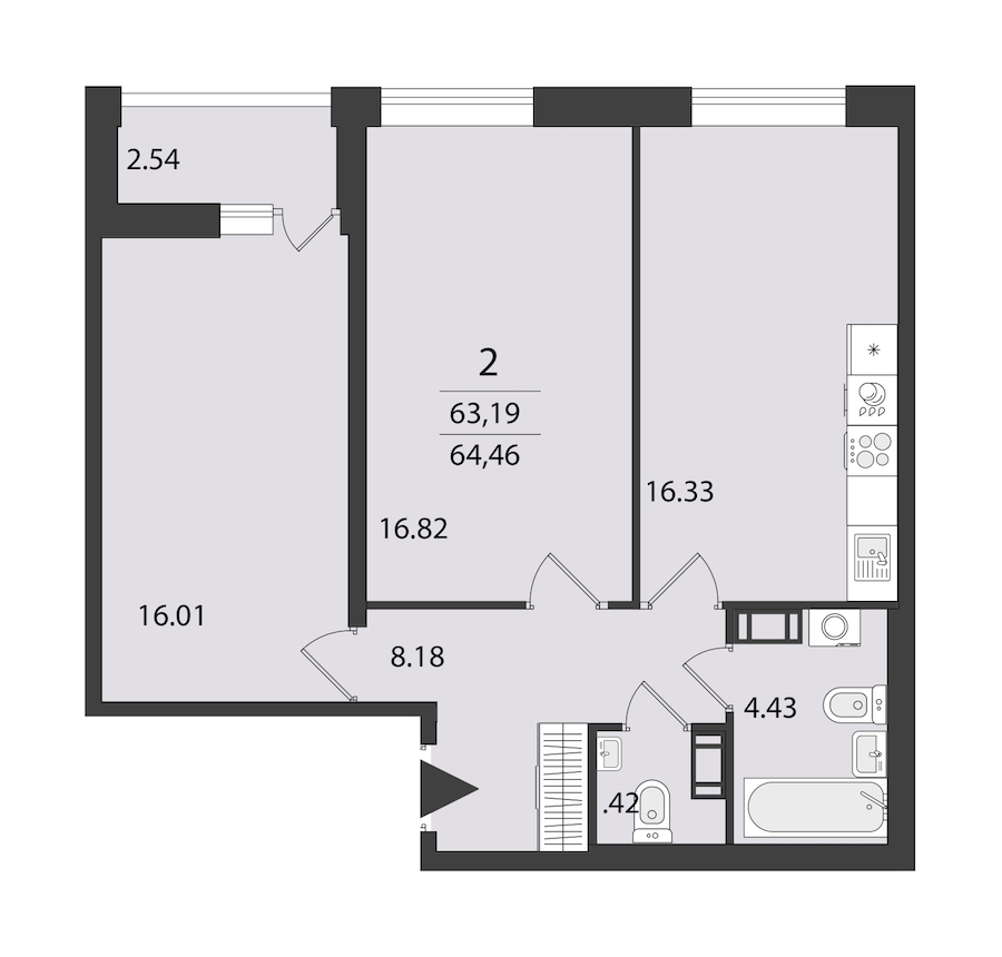 2-комнатная квартира 64.46 м², 5/16 эт., ЖК «Cube»