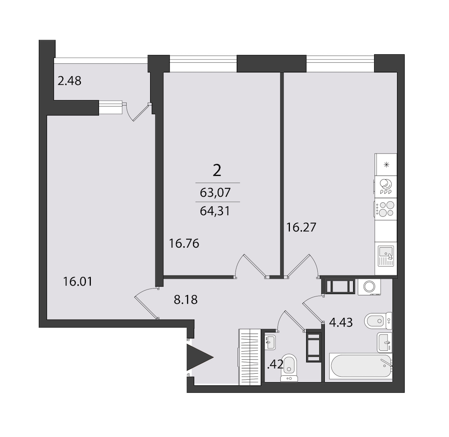 2-комнатная квартира 64.31 м², 8/16 эт., ЖК «Cube»