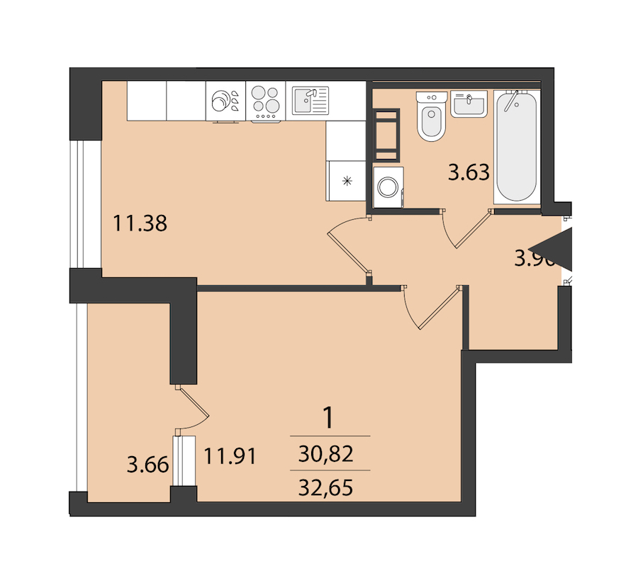 1-комнатная квартира 32.65 м², 8/16 эт., ЖК «Cube»