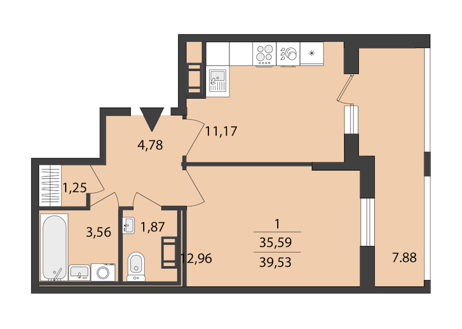 1-комнатная квартира 39.53 м², 12/18 эт., ЖК «Cube»