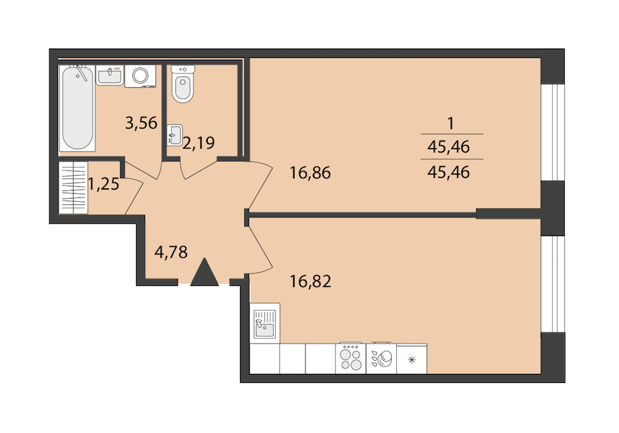 1-комнатная квартира 45.46 м², 1/18 эт., ЖК «Cube»