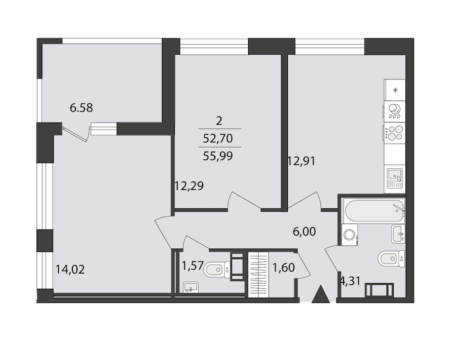 2-комнатная квартира 55.99 м², 11/18 эт., ЖК «Cube»