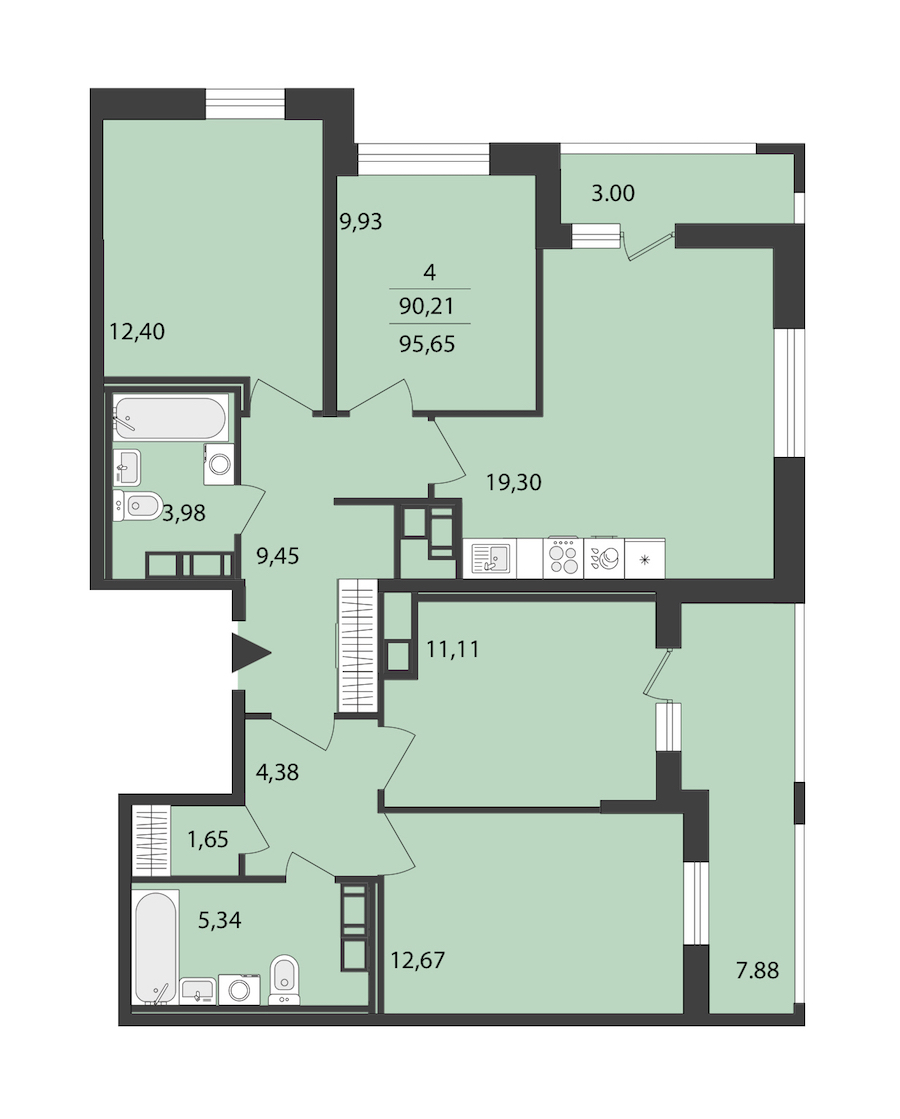 4-комнатная квартира 95.65 м², 16/18 эт., ЖК «Cube»