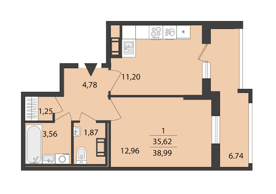 1-комнатная квартира 38.99 м², 10/18 эт., ЖК «Cube»