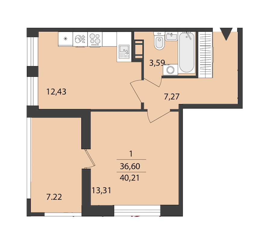 1-комнатная квартира 40.21 м², 10/18 эт., ЖК «Cube»