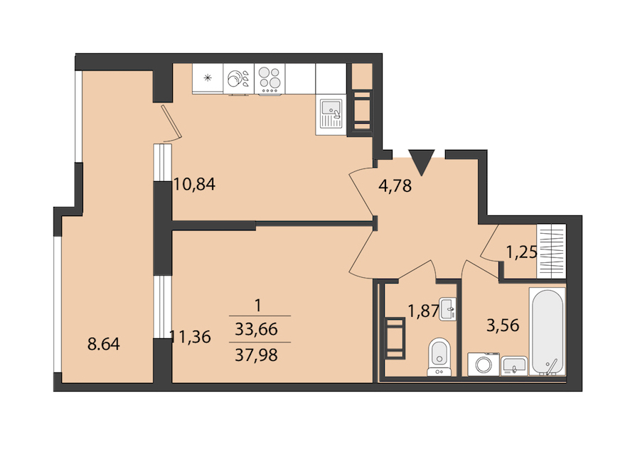 1-комнатная квартира 37.98 м², 11/18 эт., ЖК «Cube»