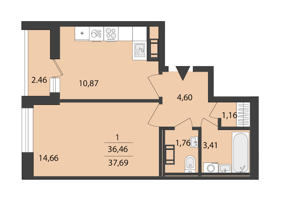 1-комнатная квартира 37.69 м², 12/18 эт., ЖК «Cube»