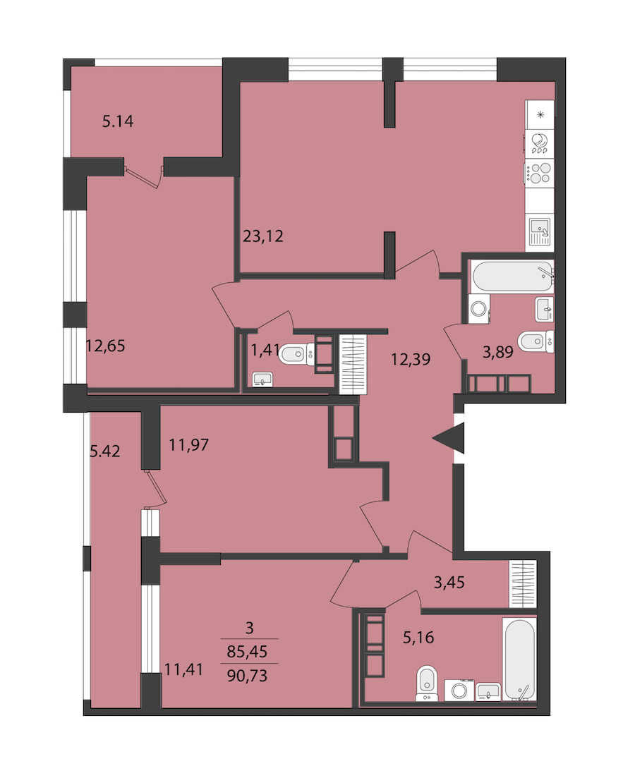 3-комнатная квартира 90.73 м², 15/18 эт., ЖК «Cube»