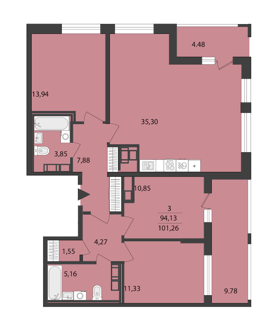 3-комнатная квартира 101.26 м², 13/18 эт., ЖК «Cube»
