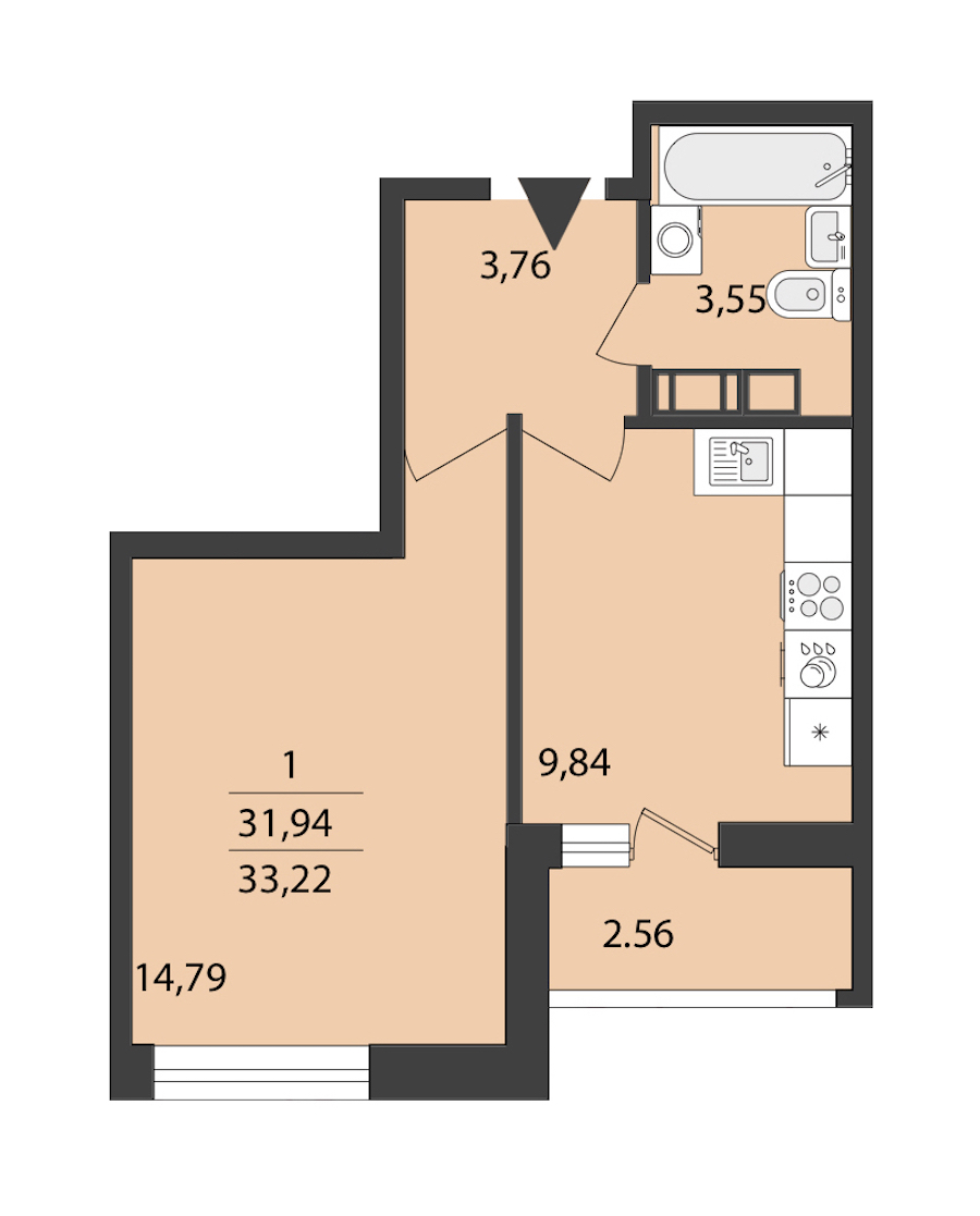 1-комнатная квартира 33.22 м², 17/18 эт., ЖК «Cube»