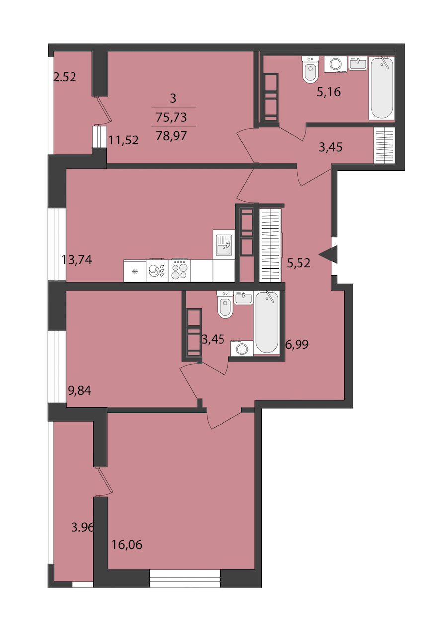 3-комнатная квартира 78.97 м², 17/18 эт., ЖК «Cube»