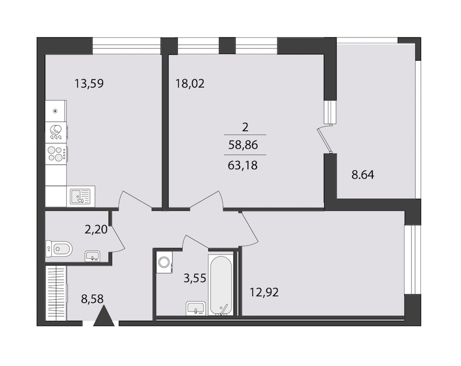 2-комнатная квартира 63.18 м², 1/18 эт., ЖК «Cube»