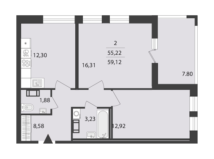 2-комнатная квартира 59.12 м², 12/18 эт., ЖК «Cube»