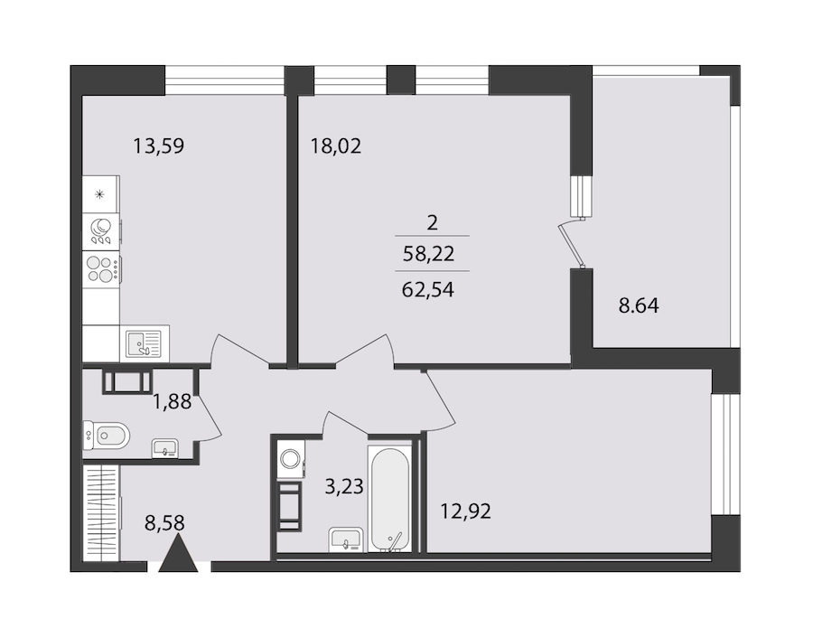 2-комнатная квартира 62.54 м², 2/18 эт., ЖК «Cube»