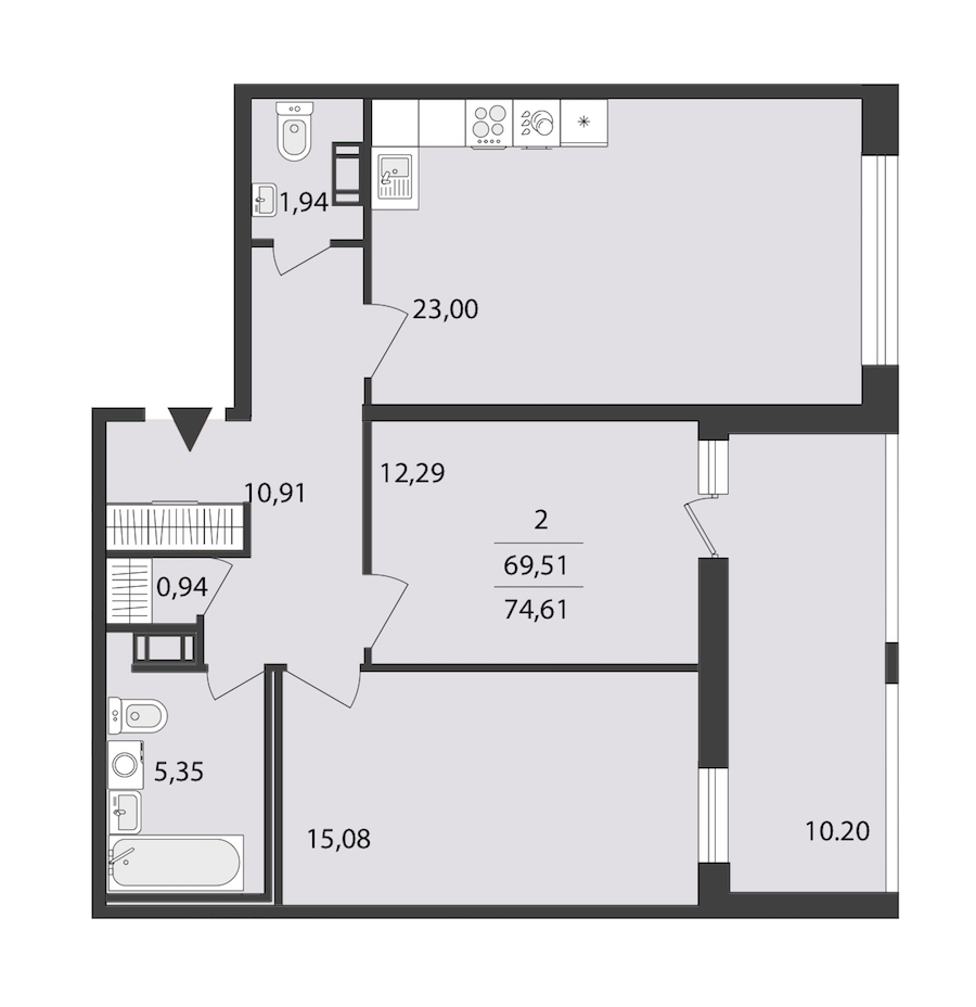 2-комнатная квартира 74.61 м², 12/18 эт., ЖК «Cube»