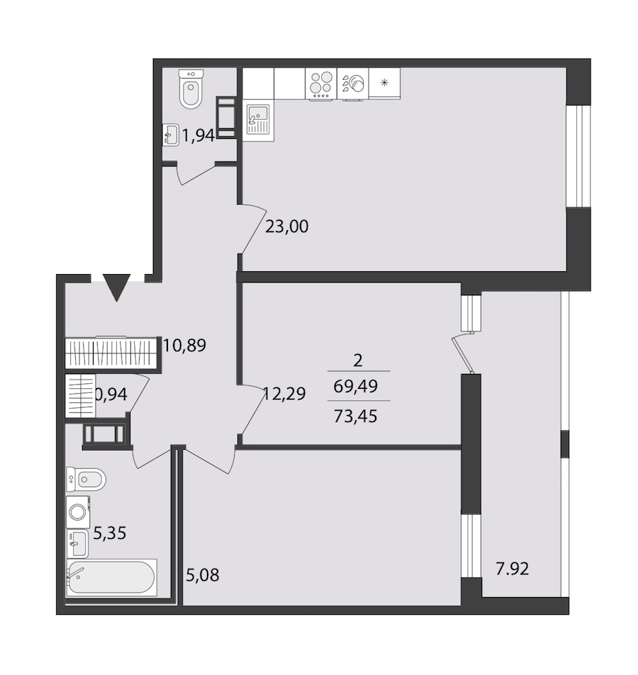 2-комнатная квартира 73.45 м², 3/18 эт., ЖК «Cube»