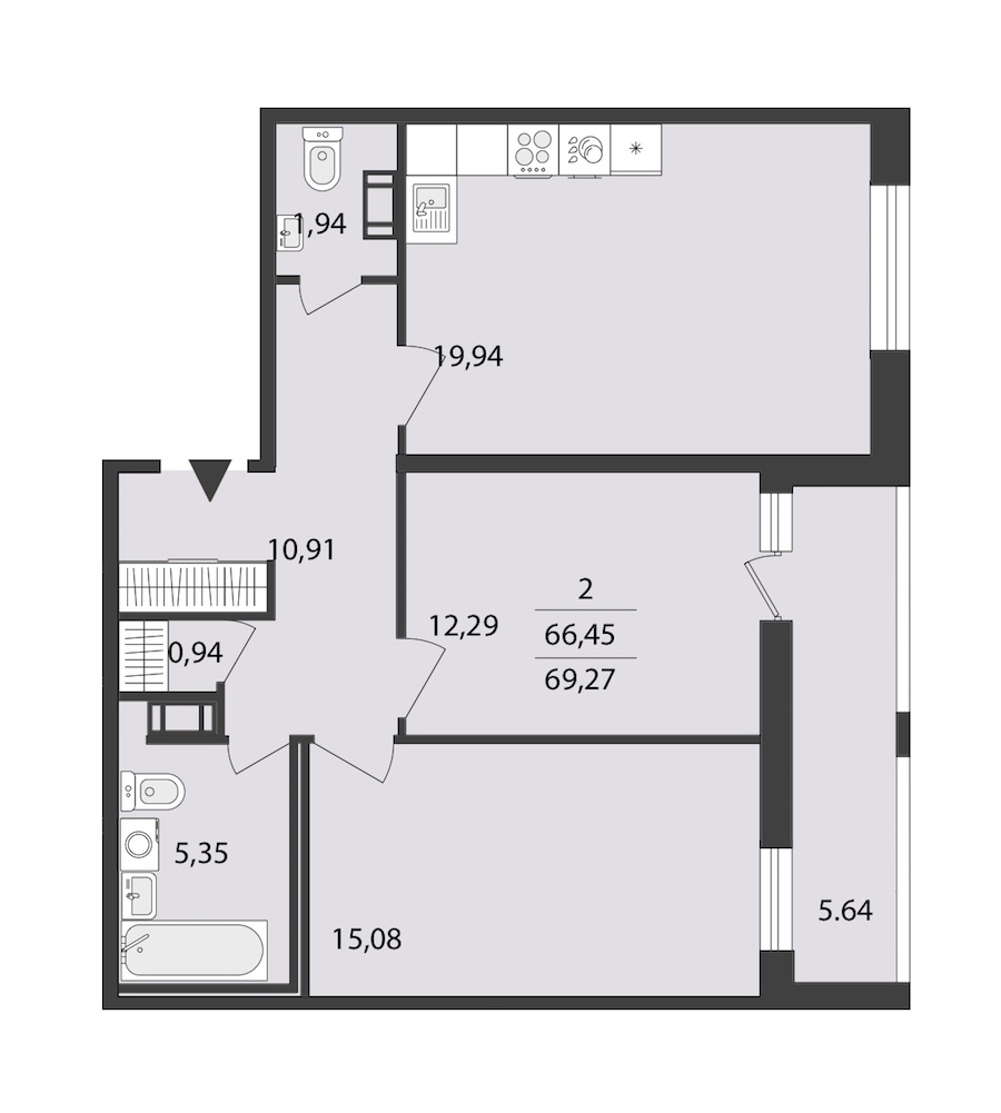 2-комнатная квартира 69.27 м², 7/18 эт., ЖК «Cube»