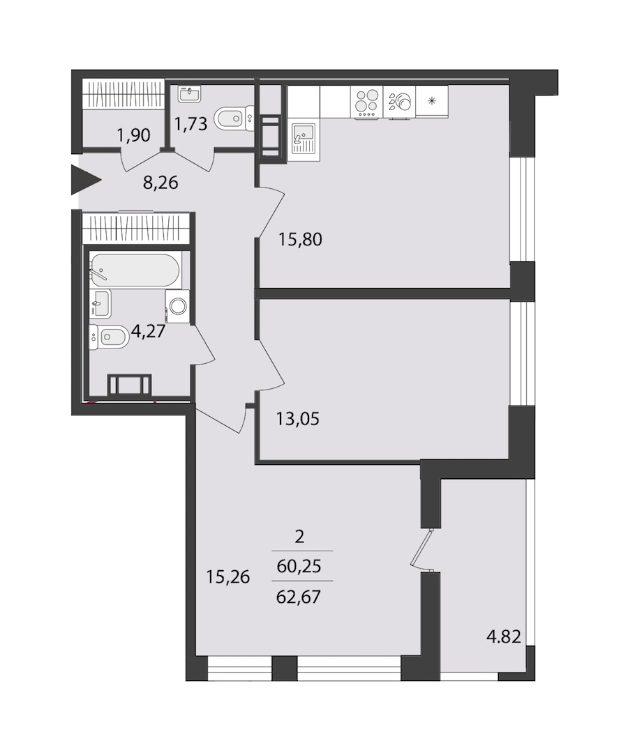 2-комнатная квартира 62.68 м², 12/18 эт., ЖК «Cube»