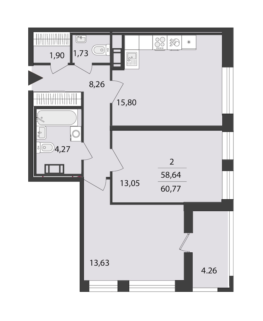 2-комнатная квартира 60.77 м², 2/18 эт., ЖК «Cube»