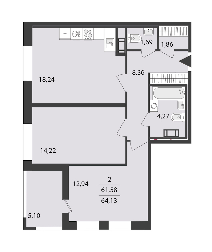 2-комнатная квартира 64.13 м², 12/18 эт., ЖК «Cube»