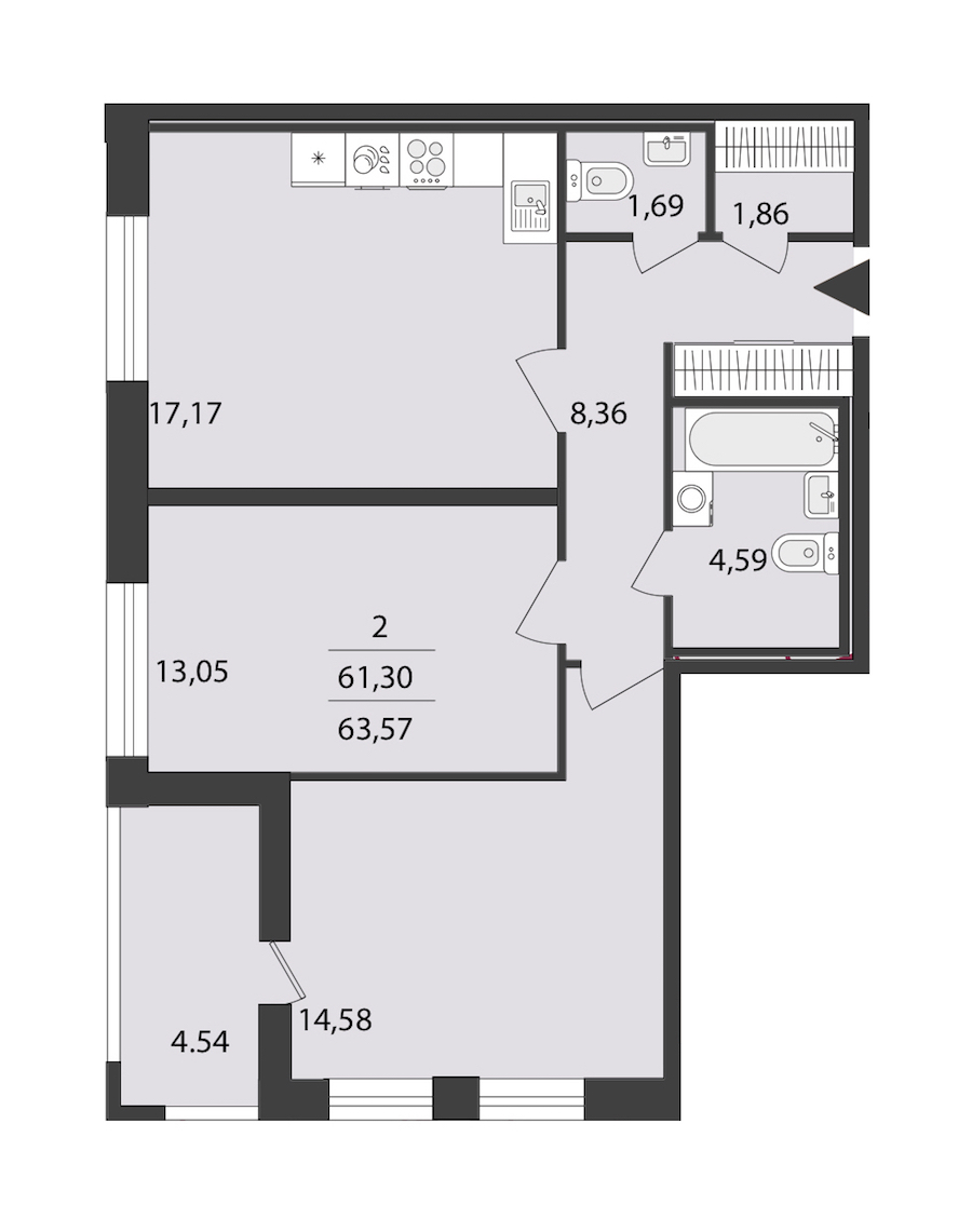 2-комнатная квартира 63.57 м², 2/18 эт., ЖК «Cube»