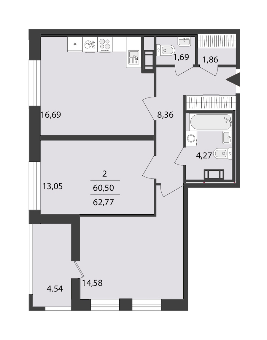 2-комнатная квартира 62.77 м², 3/18 эт., ЖК «Cube»