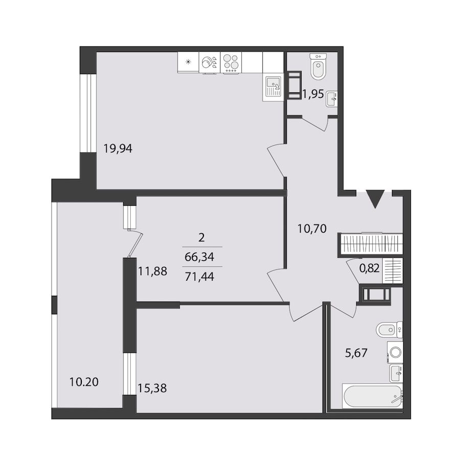 2-комнатная квартира 71.44 м², 12/18 эт., ЖК «Cube»