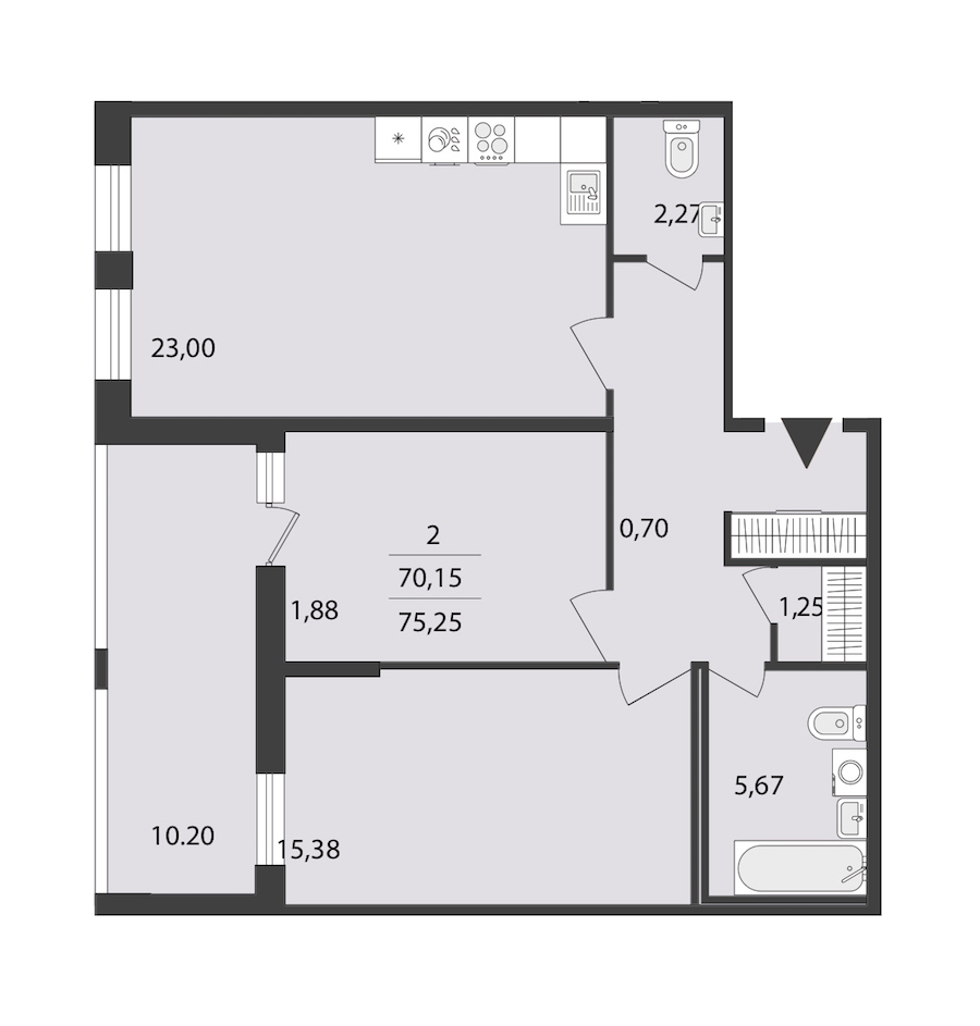 2-комнатная квартира 75.25 м², 2/18 эт., ЖК «Cube»