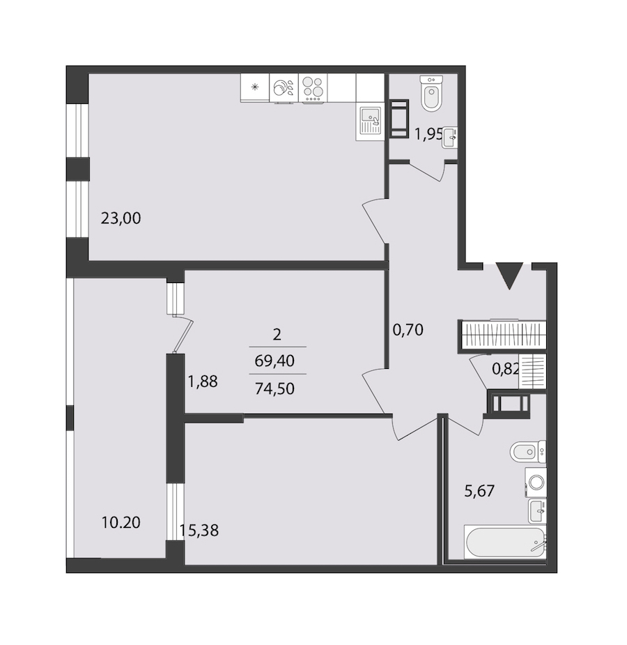 2-комнатная квартира 74.5 м², 3/18 эт., ЖК «Cube»