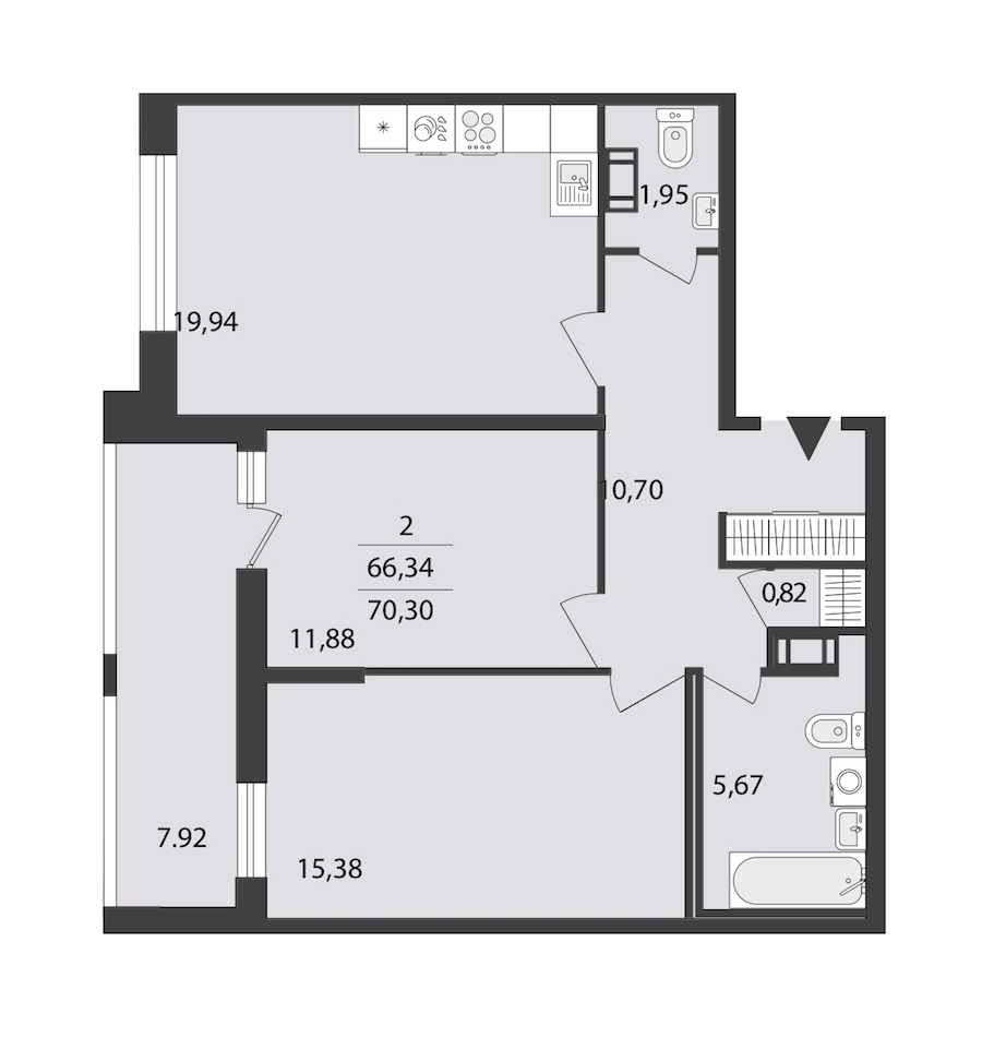 2-комнатная квартира 70.3 м², 7/18 эт., ЖК «Cube»