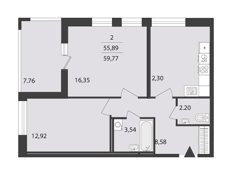2-комнатная квартира 59.77 м², 3/18 эт., ЖК «Cube»