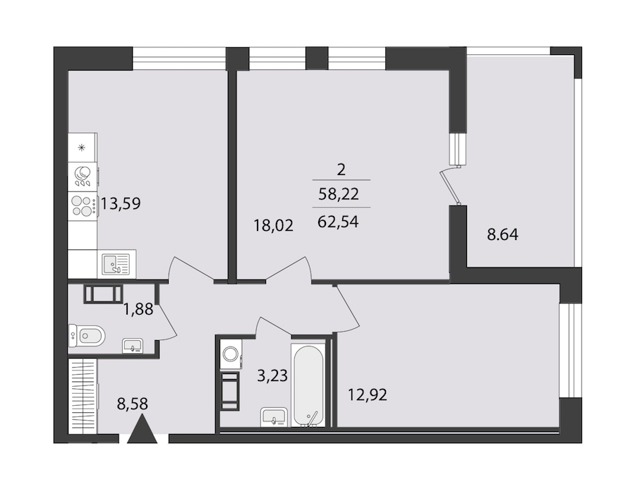 2-комнатная квартира 62.54 м², 6/18 эт., ЖК «Cube»