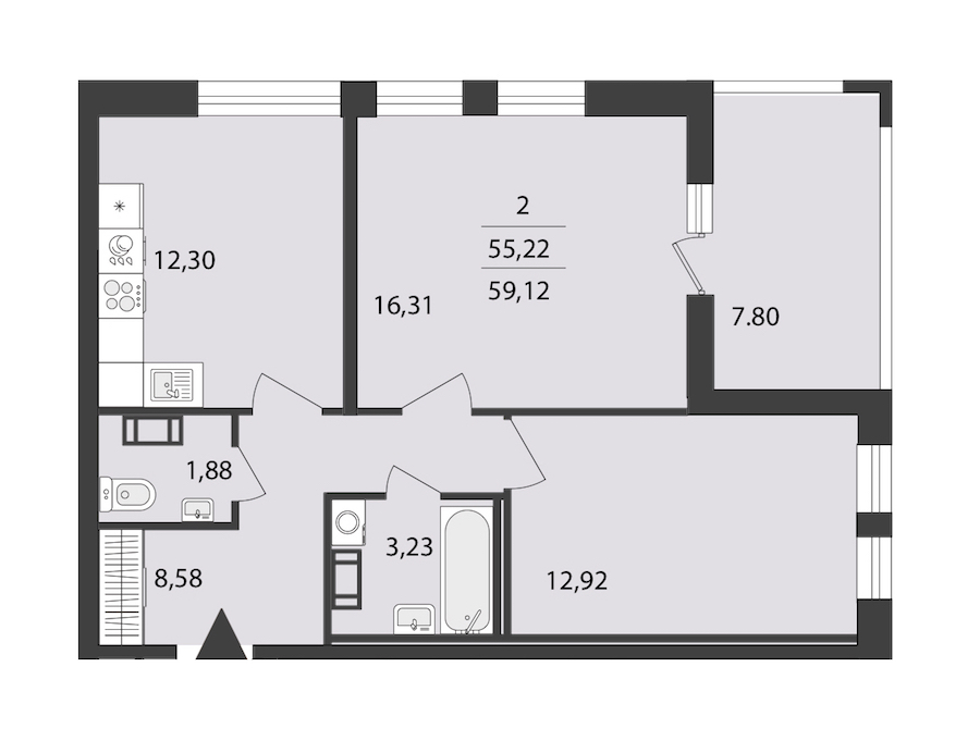 2-комнатная квартира 59.12 м², 8/18 эт., ЖК «Cube»