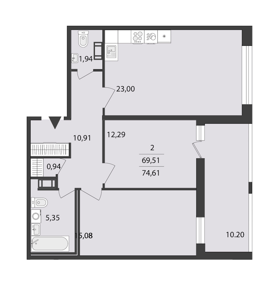 2-комнатная квартира 74.61 м², 10/18 эт., ЖК «Cube»