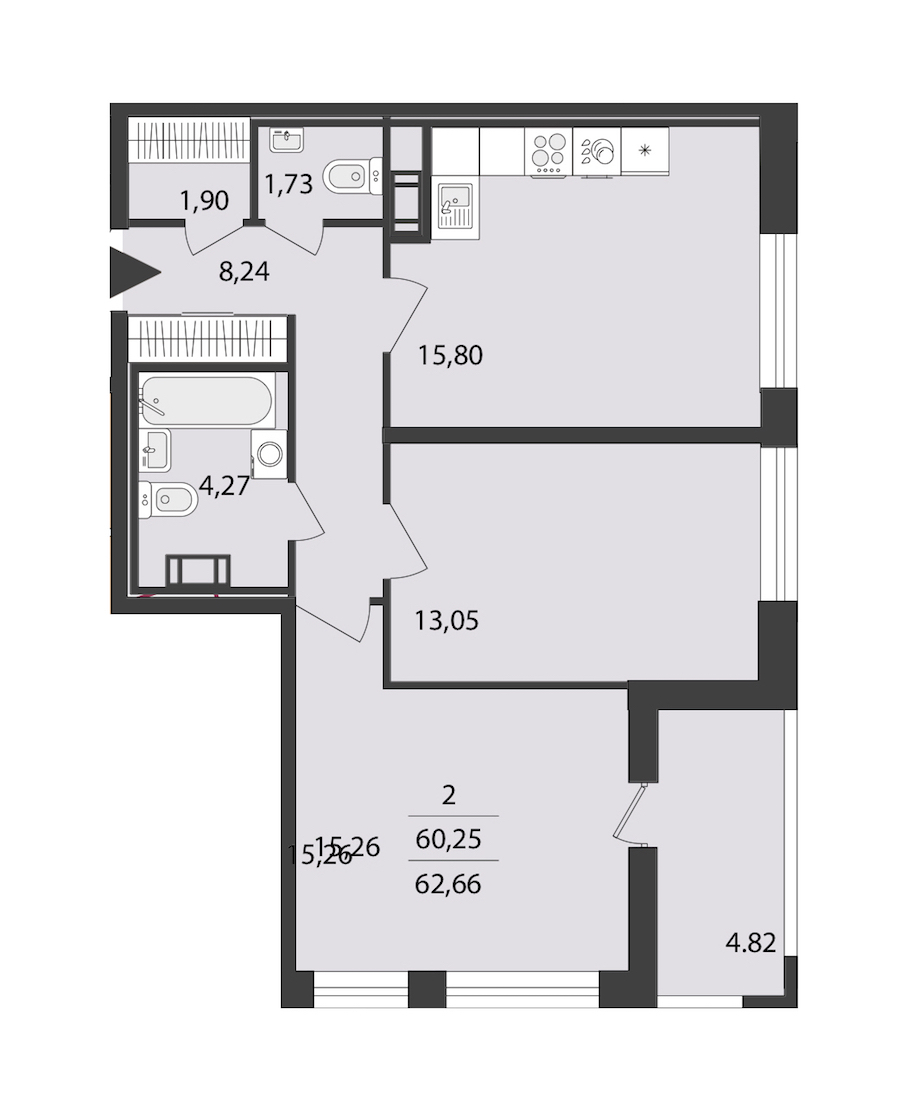 2-комнатная квартира 62.66 м², 11/18 эт., ЖК «Cube»