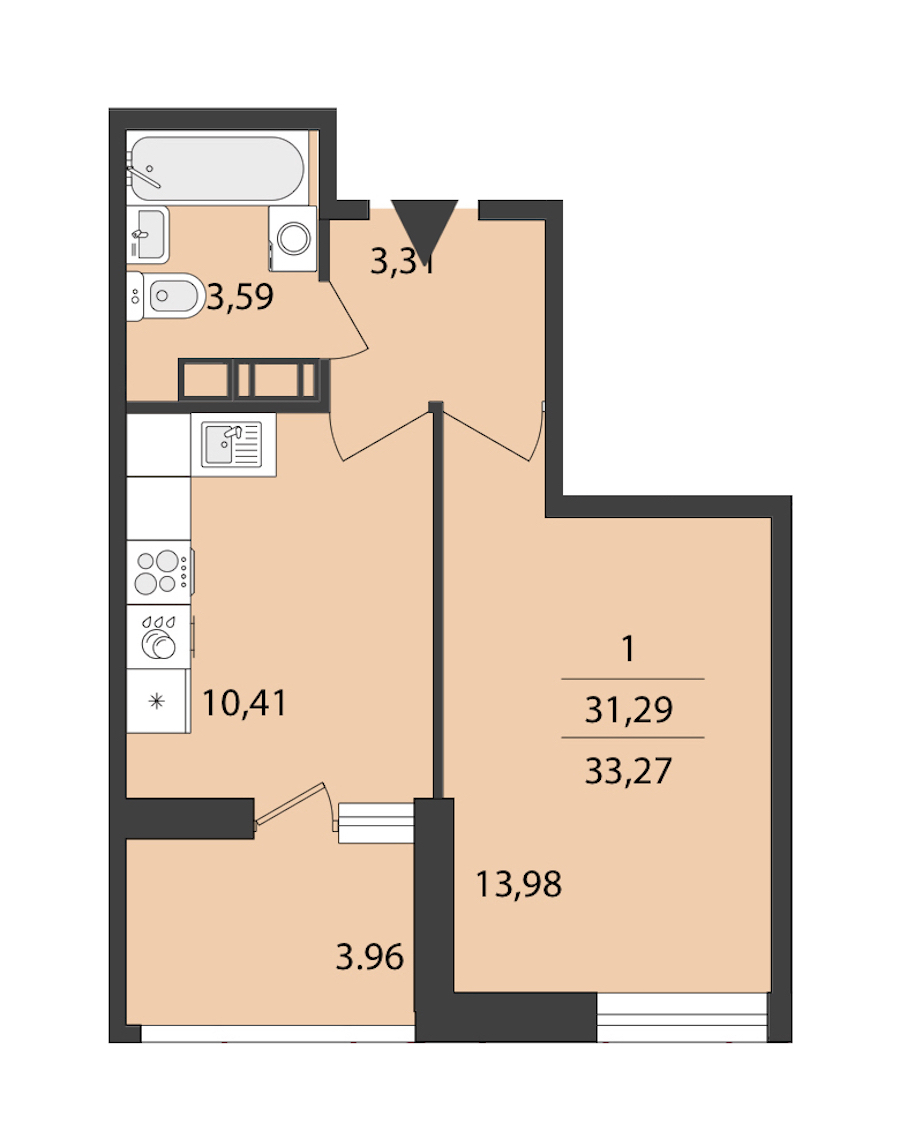 1-комнатная квартира 33.27 м², 16/18 эт., ЖК «Cube»