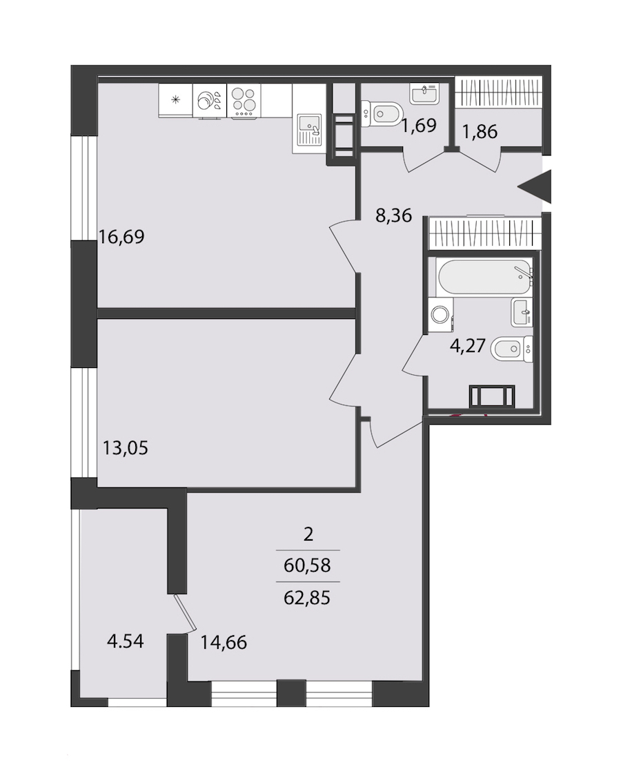 2-комнатная квартира 62.85 м², 11/18 эт., ЖК «Cube»