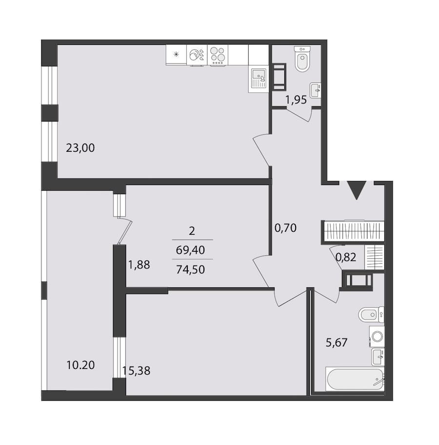 2-комнатная квартира 74.5 м², 6/18 эт., ЖК «Cube»