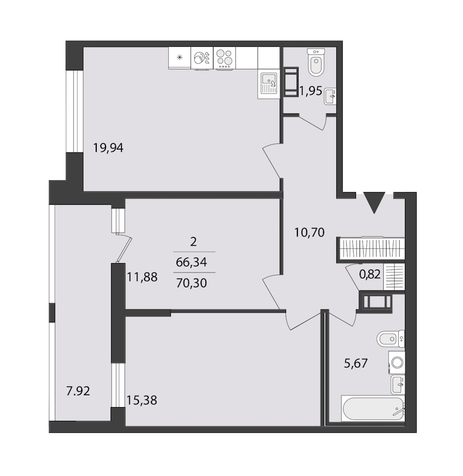 2-комнатная квартира 70.3 м², 10/18 эт., ЖК «Cube»