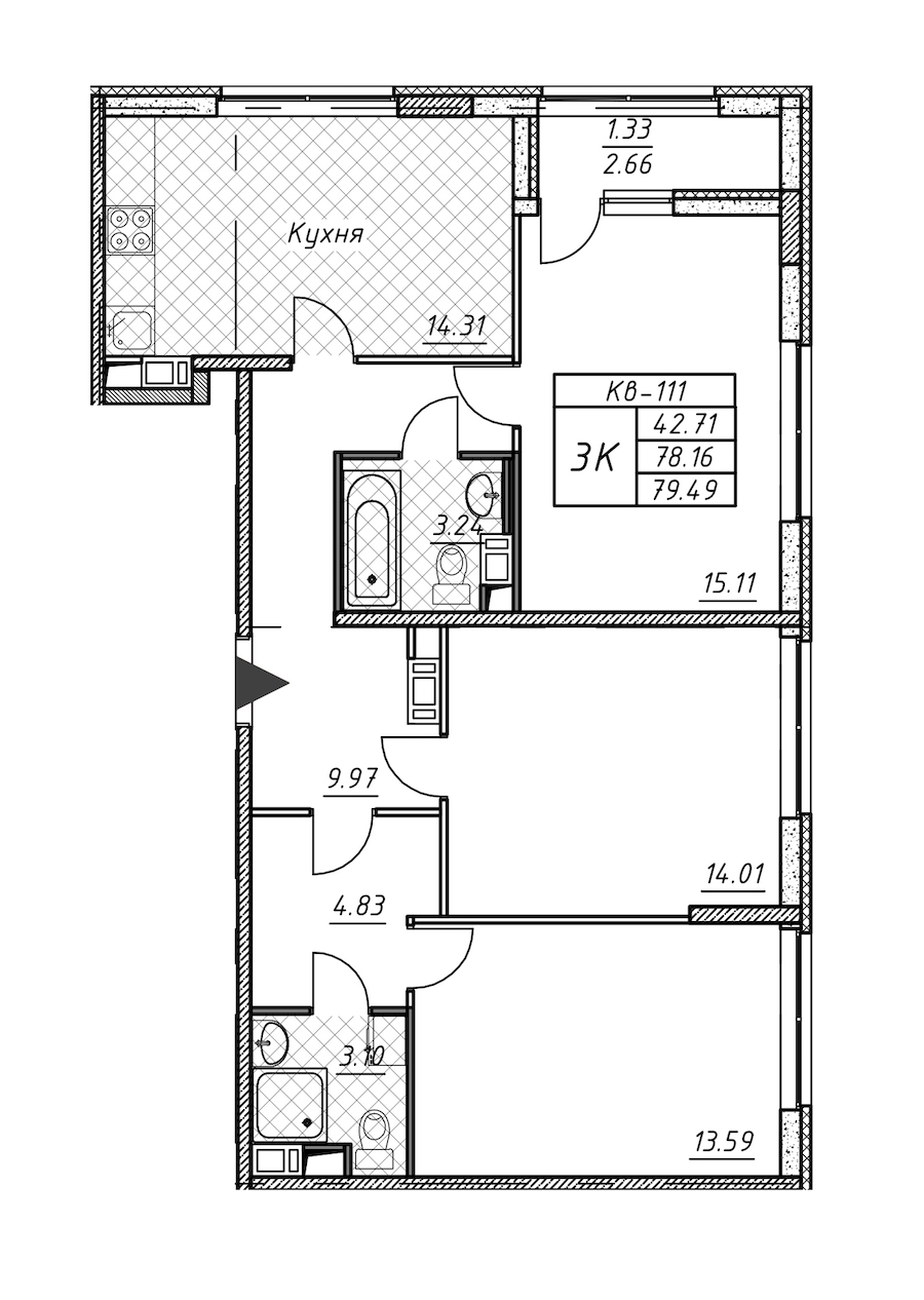 3-комнатная квартира 79.49 м², 10/12 эт., ЖК «Академик»
