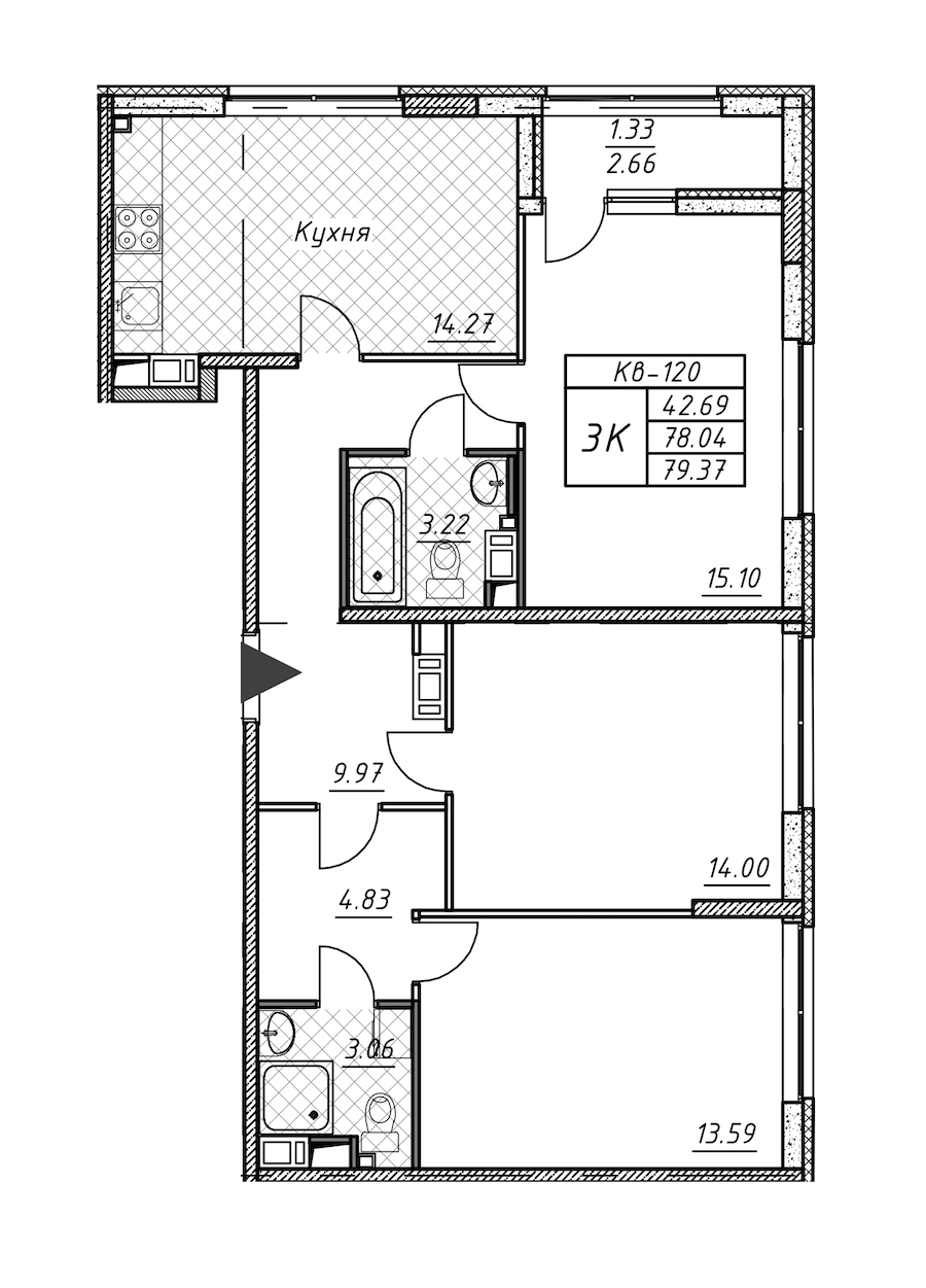 3-комнатная квартира 79.37 м², 11/12 эт., ЖК «Академик»