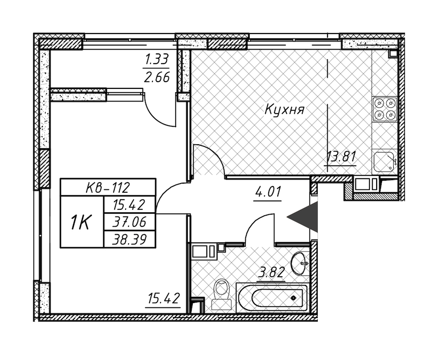 1-комнатная квартира 38.39 м², 11/12 эт., ЖК «Академик»