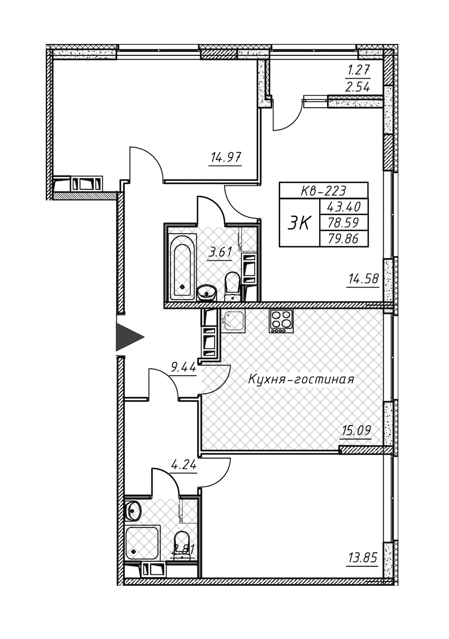 3-комнатная квартира 79.86 м², 10/12 эт., ЖК «Академик»