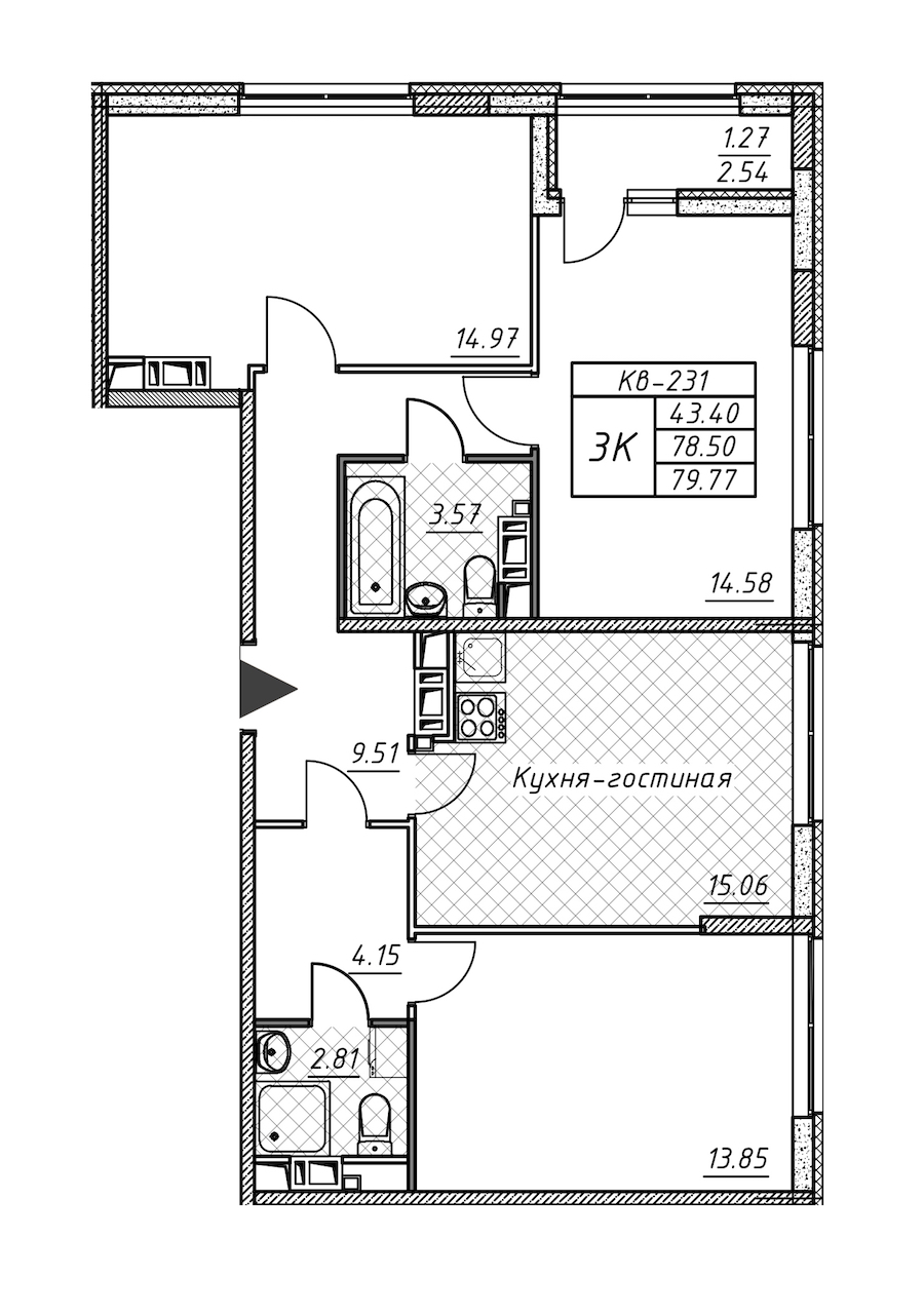 3-комнатная квартира 79.77 м², 11/12 эт., ЖК «Академик»